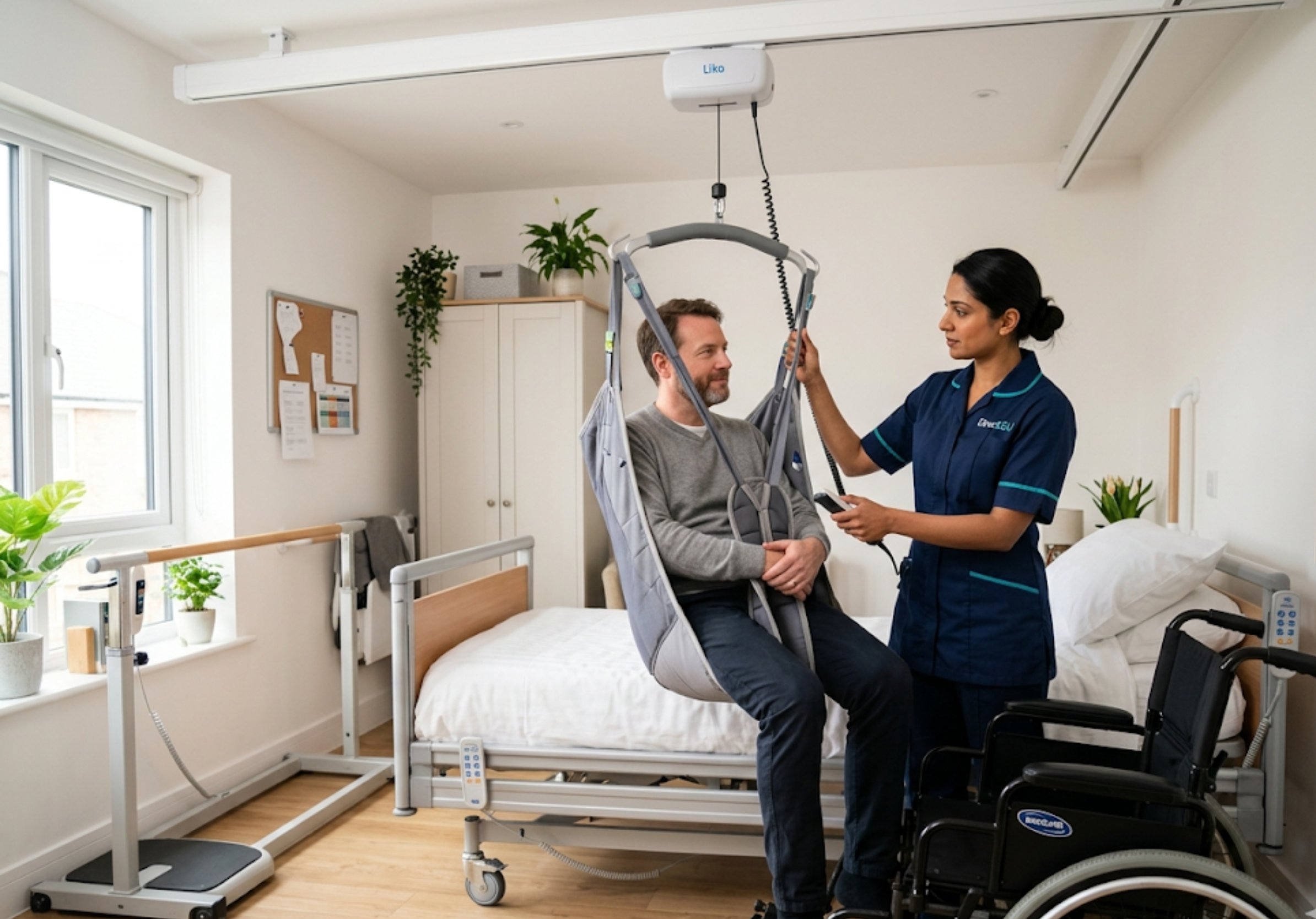 Direct2U carer operating a ceiling hoist during a safe transfer for a physical disability client at home - skilled mobility support in North London
